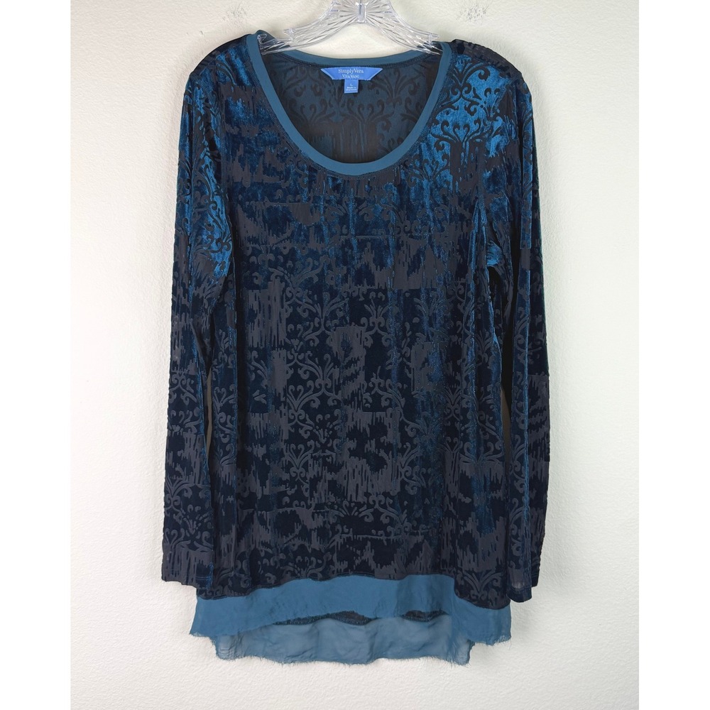 Simply Vera Vera Wang Tunic Women L Teal Blue Burnout Velvet Damask Long Sleeve